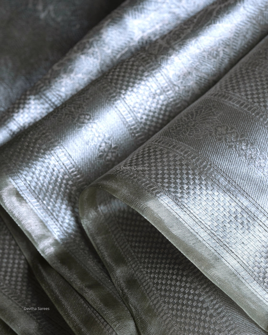 Liquid Silver - Sage Green Handwoven Pure Mulberry Brocade Silk Saree