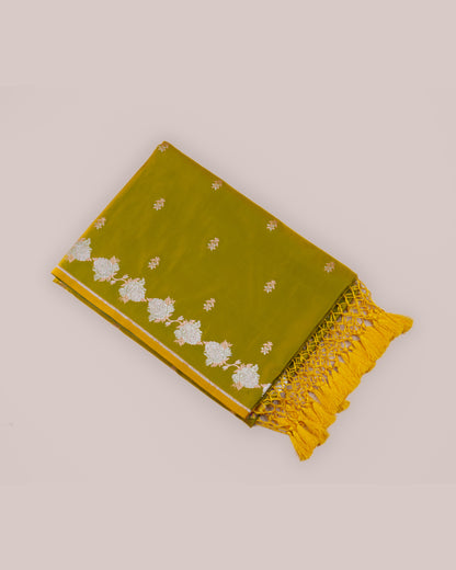 Amber Olive Banarasi Mashru Katan Silk Saree with buttas