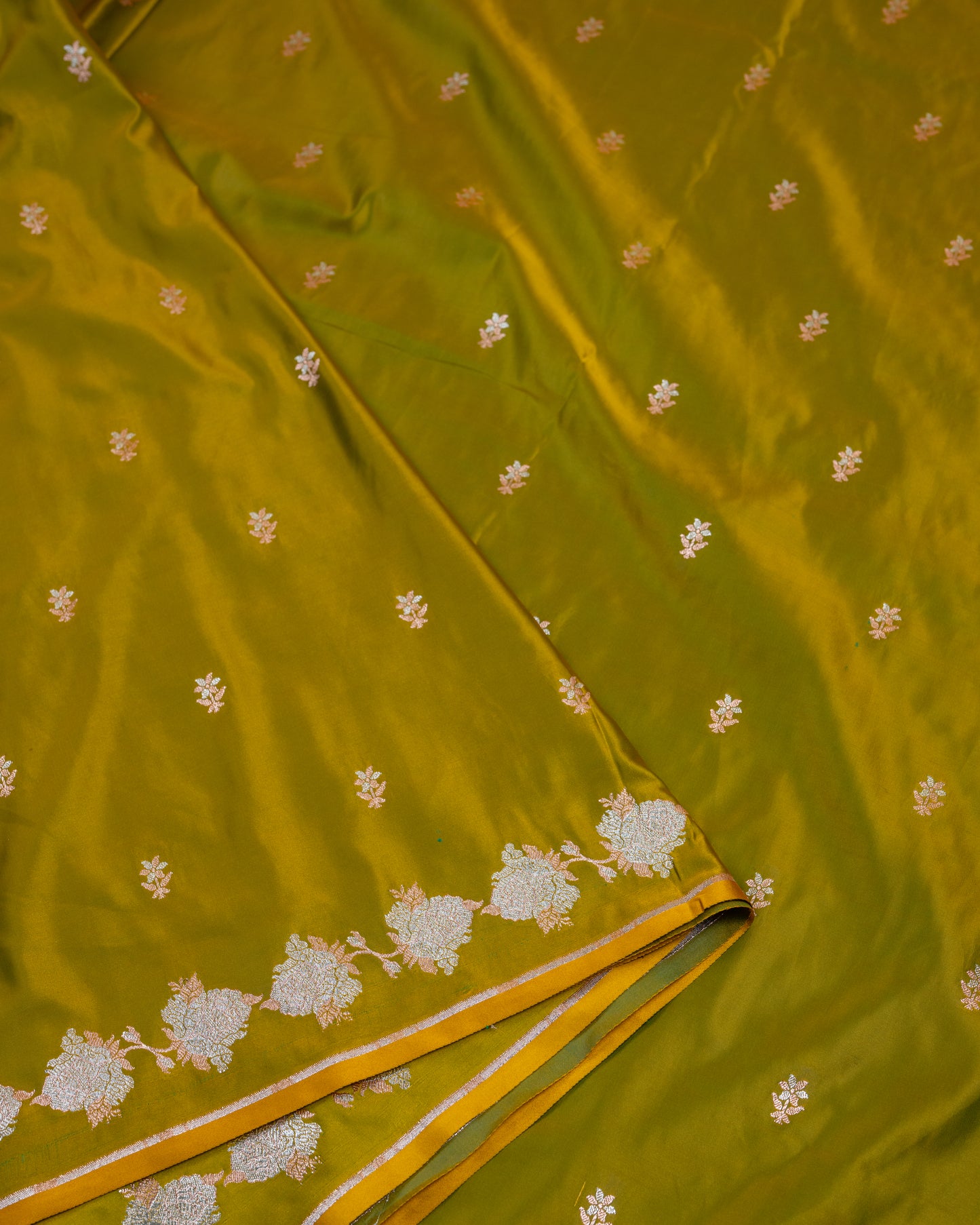 Amber Olive Banarasi Mashru Katan Silk Saree with buttas
