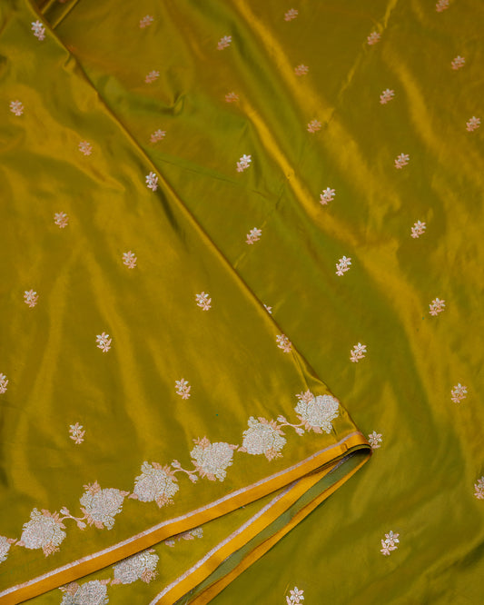 Amber Olive Banarasi Mashru Katan Silk Saree with buttas