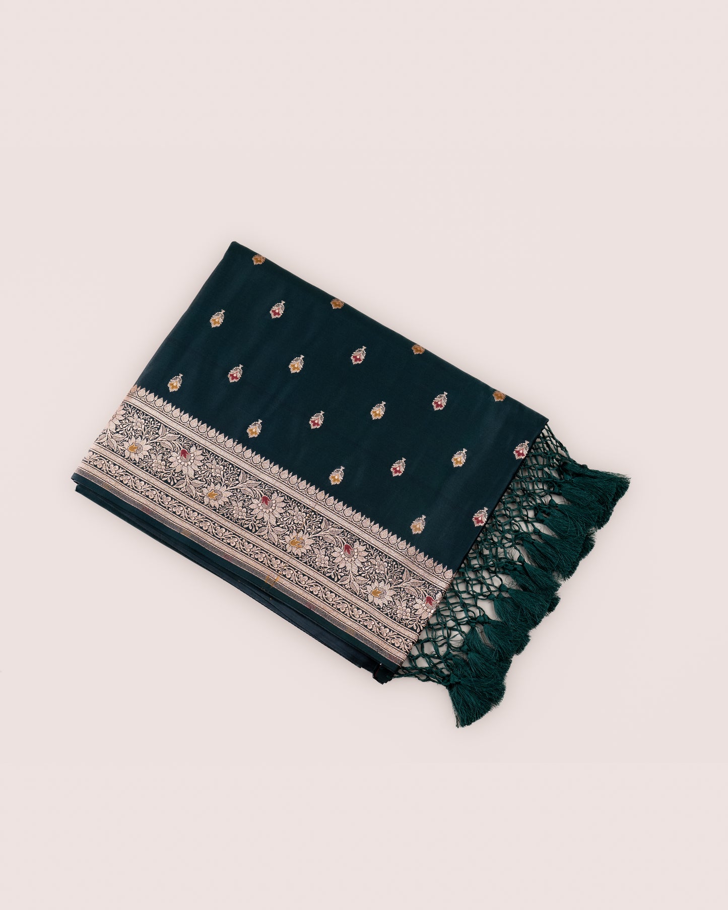 Bottle Green Banarasi Mashru Katan Silk Saree with buttas