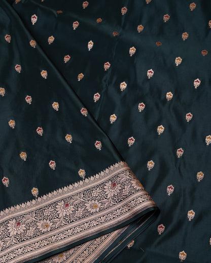 Bottle Green Banarasi Mashru Katan Silk Saree with buttas