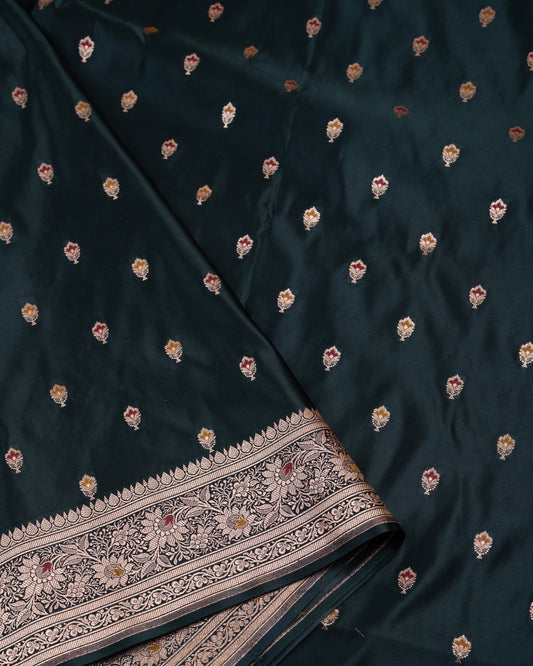 Bottle Green Banarasi Mashru Katan Silk Saree with buttas