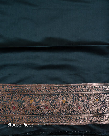 Bottle Green Banarasi Mashru Katan Silk Saree with buttas