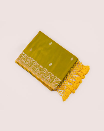 Olive Green Banarasi Mashru Katan Silk Saree with buttas
