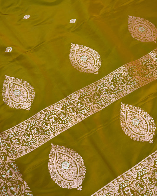 Olive Green Banarasi Mashru Katan Silk Saree with buttas