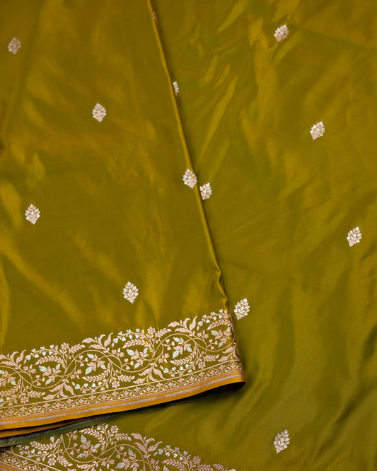 Olive Green Banarasi Mashru Katan Silk Saree with buttas
