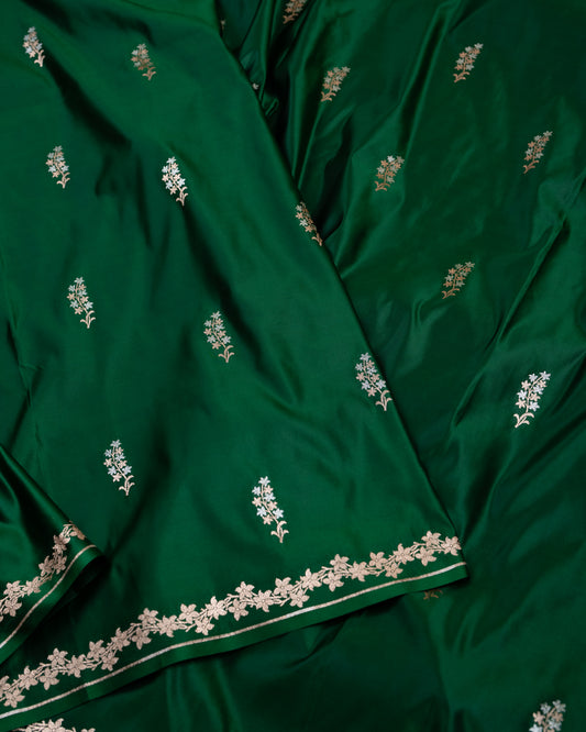 Emerald Green Banarasi Mashru Katan Silk Saree with buttas