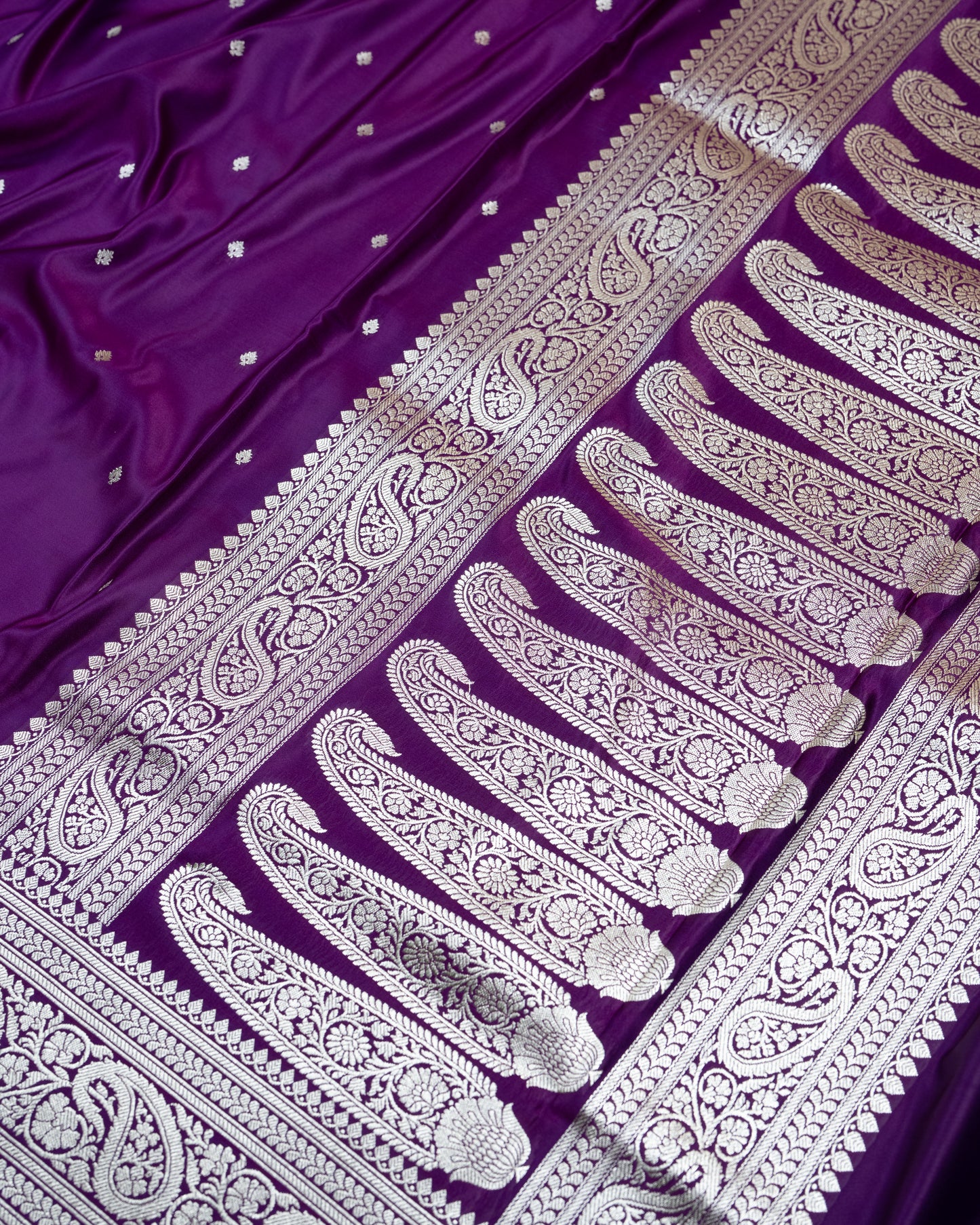 Purple Banarasi Mashru Katan Silk Saree with small buttas