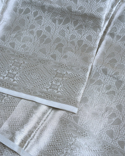 Liquid Silver - Silver Handwoven Pure Mulberry Brocade Silk Saree