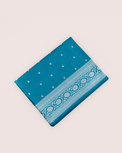 Teal Blue Mashru Katan Silk Saree with small buttas
