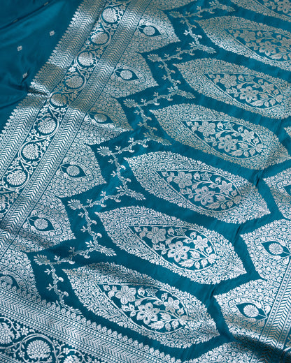 Teal Blue Mashru Katan Silk Saree with small buttas
