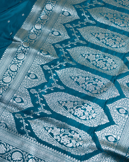 Teal Blue Mashru Katan Silk Saree with small buttas