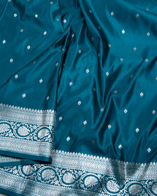 Teal Blue Mashru Katan Silk Saree with small buttas
