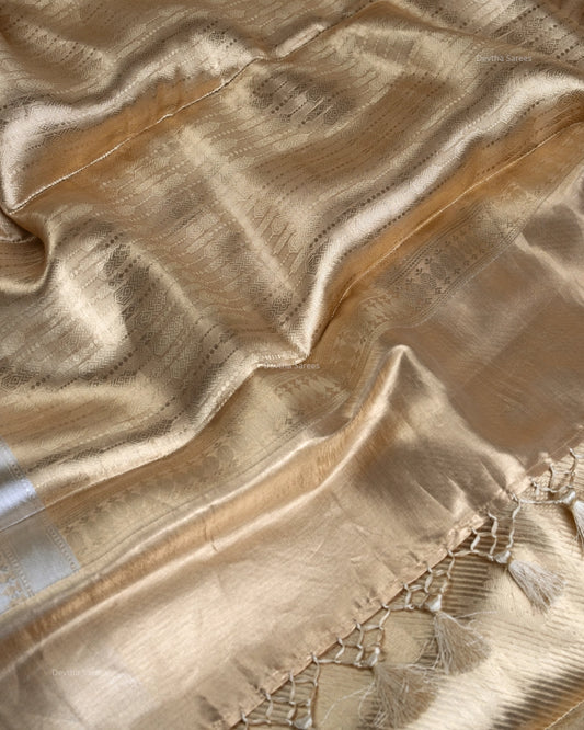 Liquid Gold - Cotton Cream Color Handwoven Pure Mulberry Brocade Silk Saree