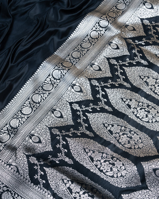 Black Mashru Katan Silk Saree with Zari Border