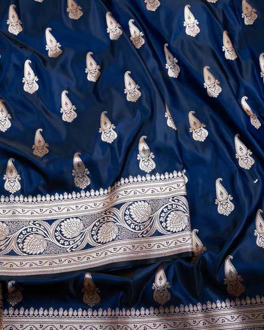 Deep Royal Blue Mashru Katan Silk Saree with Buttas
