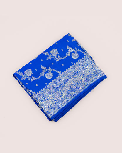 Royal Blue Mashru Katan Silk Saree with Floral Jaal Weave