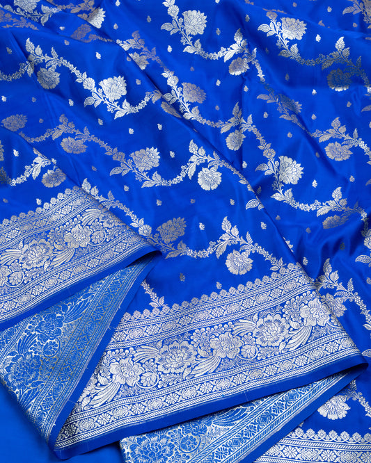 Royal Blue Mashru Katan Silk Saree with Floral Jaal Weave