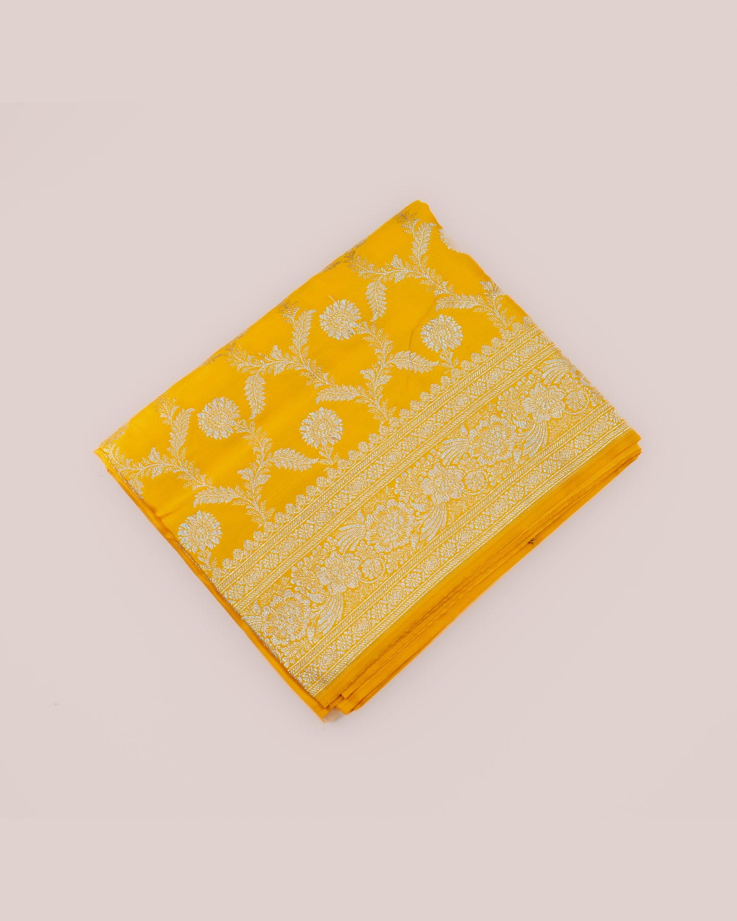Mustard Yellow Mashru Katan Silk Saree with Floral Jaal Weave