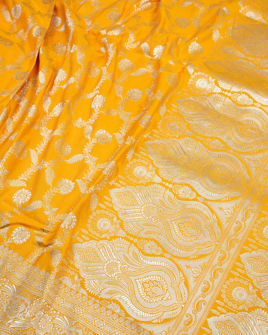 Mustard Yellow Mashru Katan Silk Saree with Floral Jaal Weave