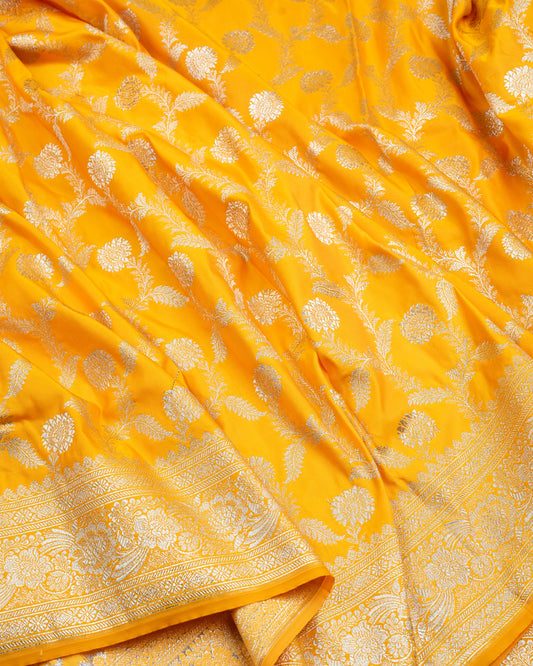 Mustard Yellow Mashru Katan Silk Saree with Floral Jaal Weave