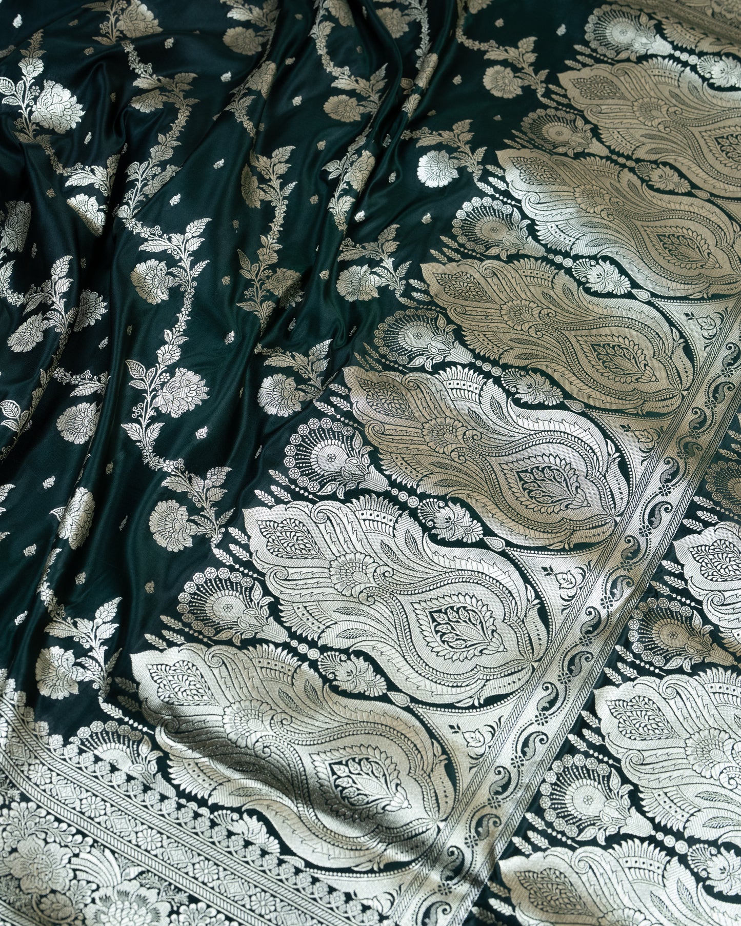 Bottle Green Mashru Katan Silk Saree with Floral Jaal Weave