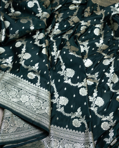 Bottle Green Mashru Katan Silk Saree with Floral Jaal Weave