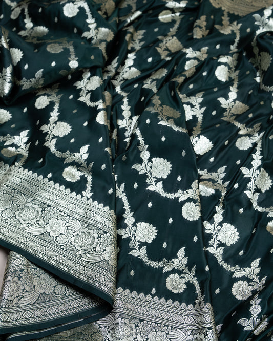 Bottle Green Mashru Katan Silk Saree with Floral Jaal Weave