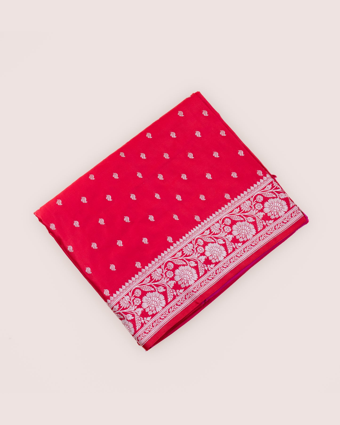 Pinkish Red Mashru Katan Silk Saree with Small Buttas