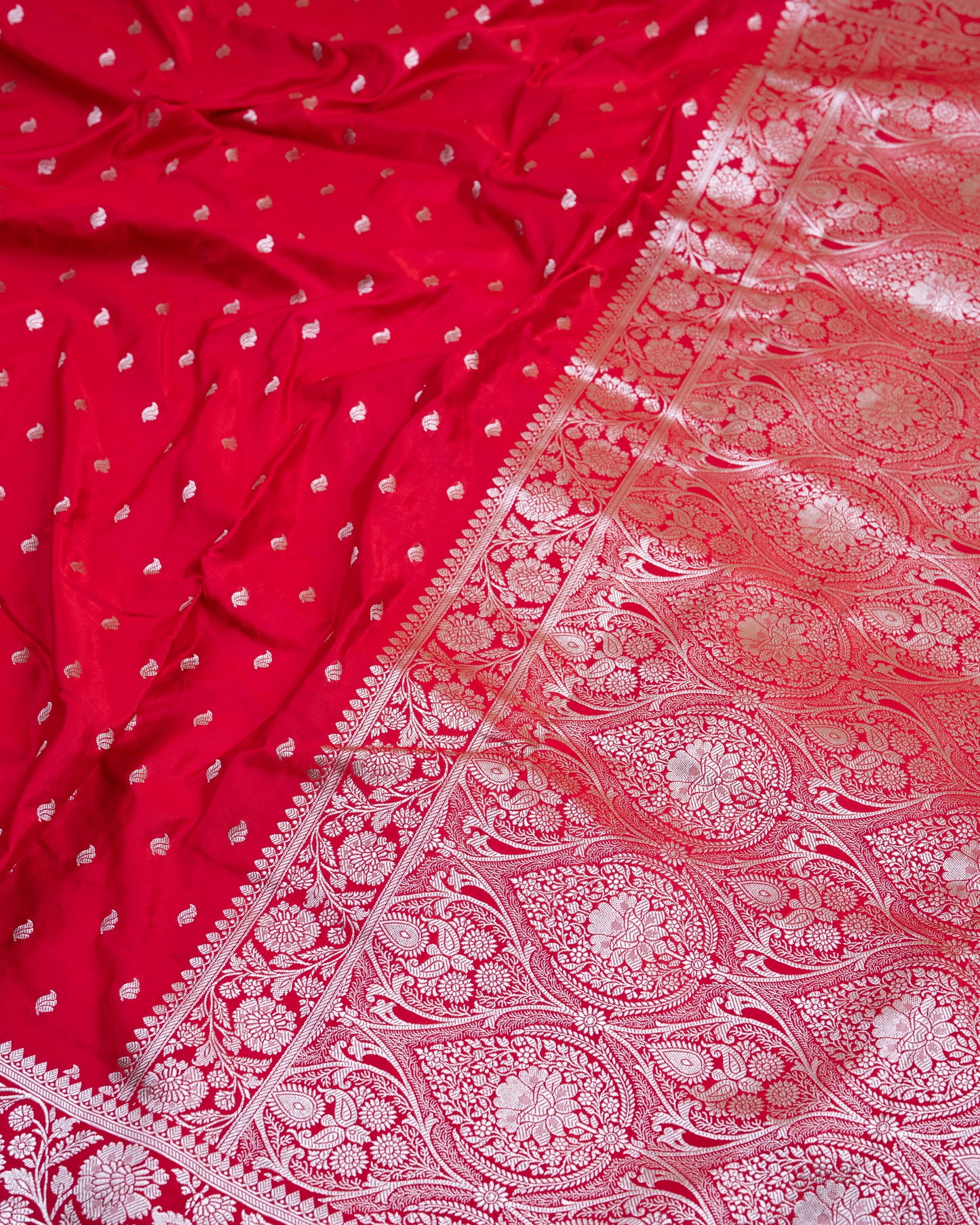 Pinkish Red Mashru Katan Silk Saree with Small Buttas