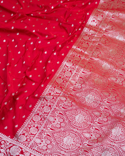 Pinkish Red Mashru Katan Silk Saree with Small Buttas