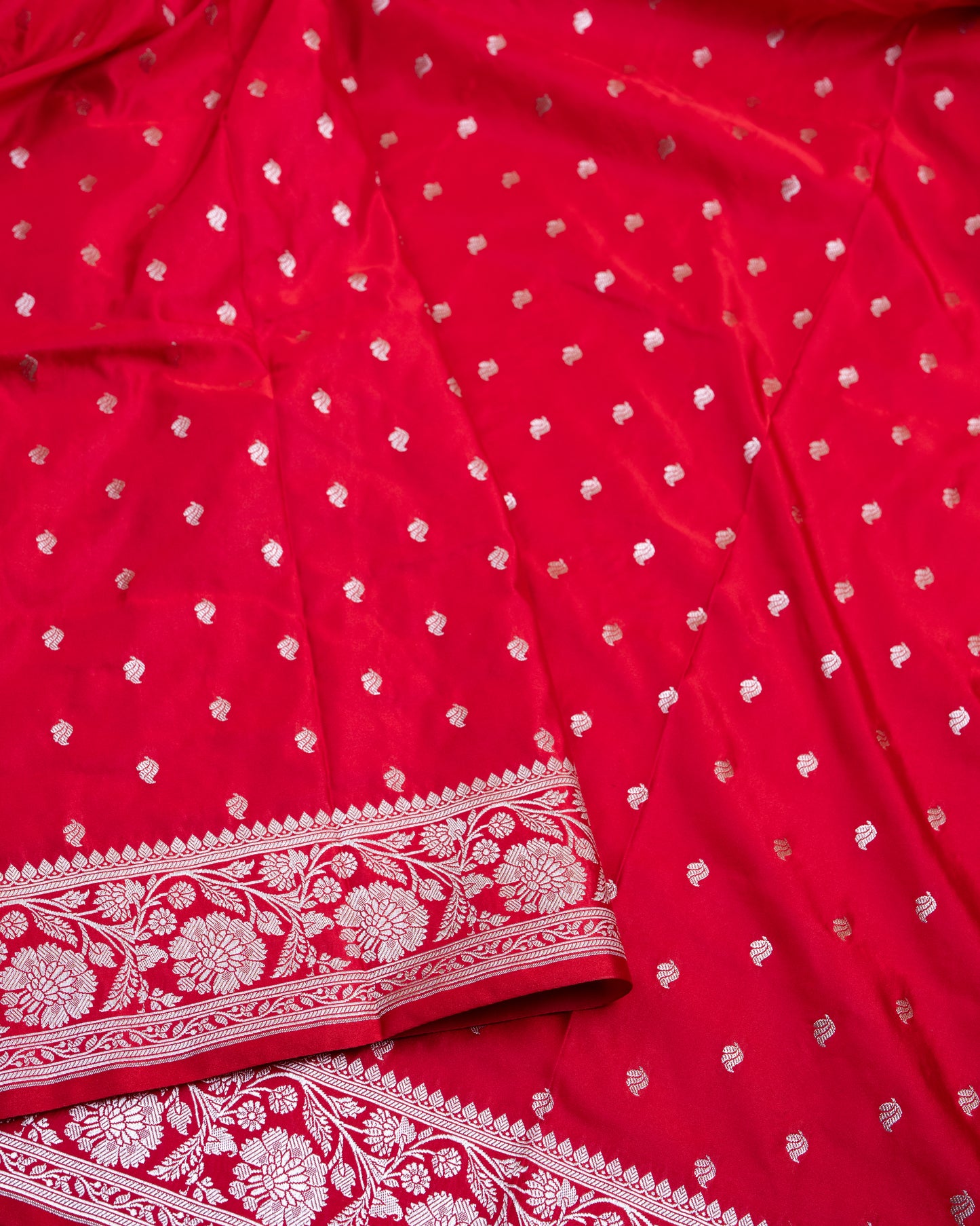 Pinkish Red Mashru Katan Silk Saree with Small Buttas