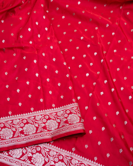 Pinkish Red Mashru Katan Silk Saree with Small Buttas