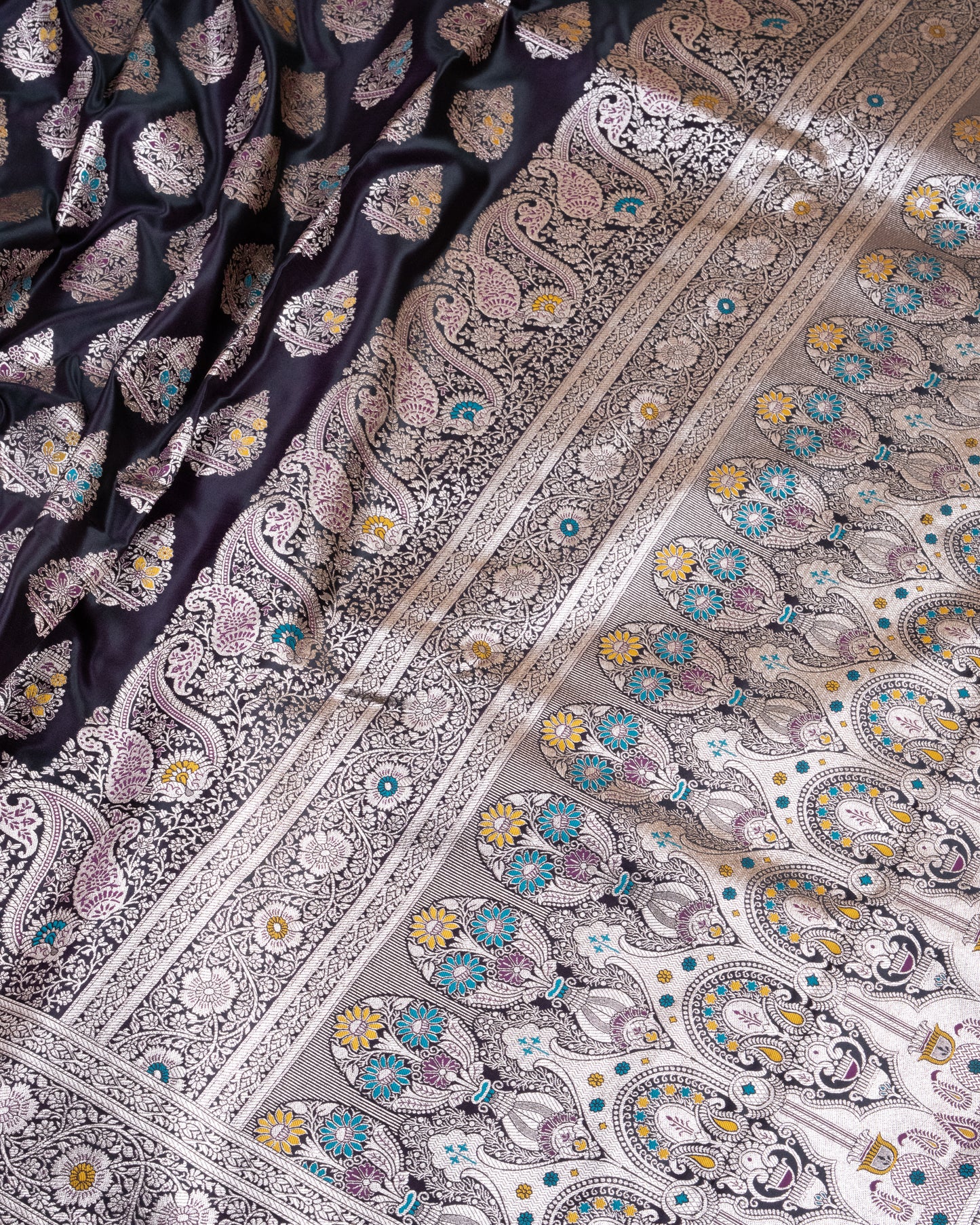 Black Purple Mashru Katan Silk Saree with Meenakari Weave