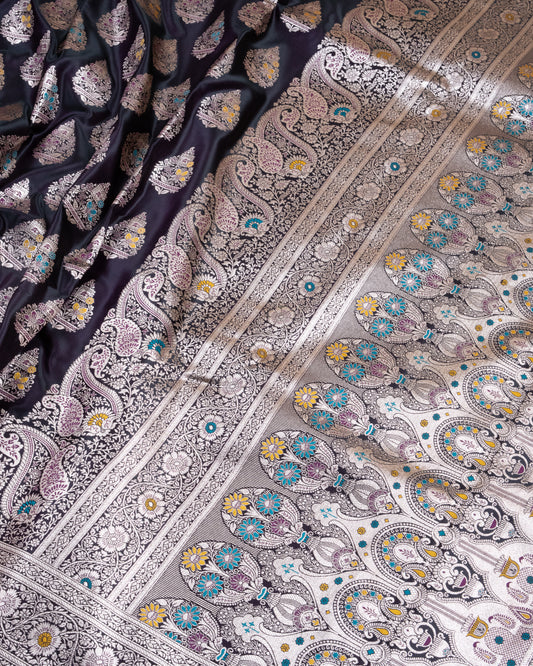 Black Purple Mashru Katan Silk Saree with Meenakari Weave