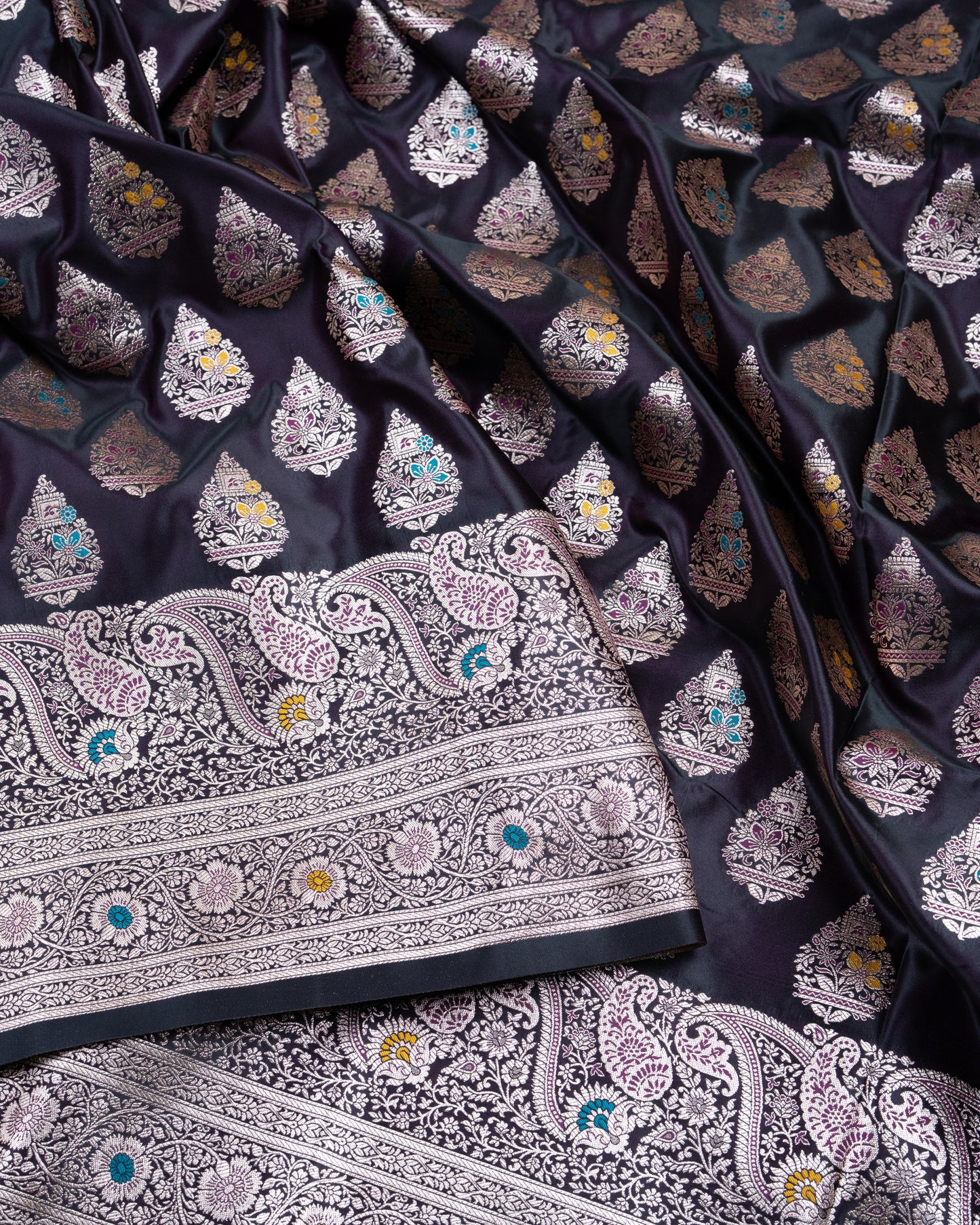 Black Purple Mashru Katan Silk Saree with Meenakari Weave