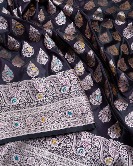 Black Purple Mashru Katan Silk Saree with Meenakari Weave
