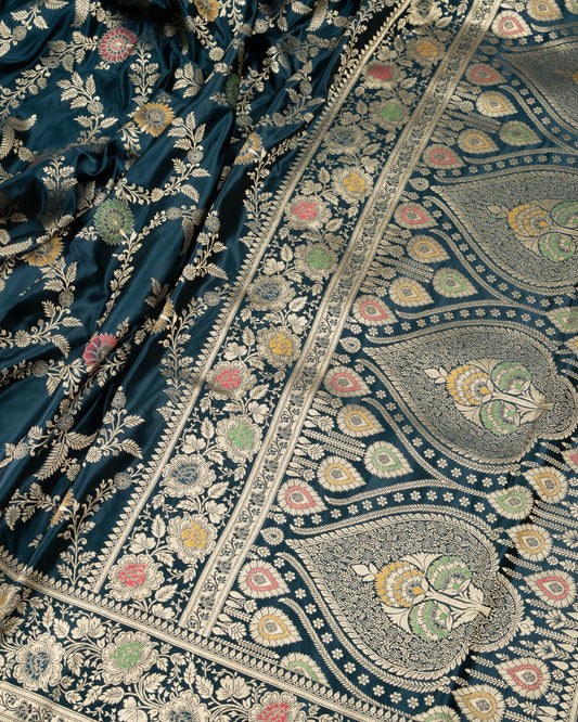 Bottle Green Mashru Katan Silk Saree with Meenakari Weave