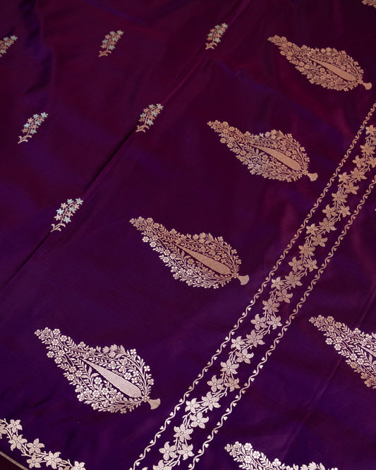 Wine Purple Mashru Katan Silk Saree with Buttas