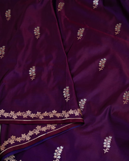 Wine Purple Mashru Katan Silk Saree with Buttas