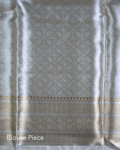 Liquid Gold - Arctic Silver Color Handwoven Pure Mulberry Brocade Silk Saree