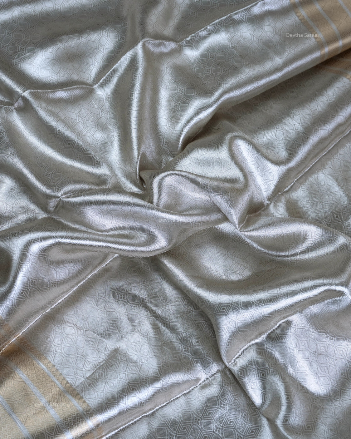 Liquid Gold - Arctic Silver Color Handwoven Pure Mulberry Brocade Silk Saree