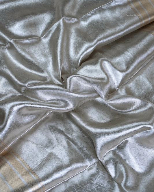 Liquid Gold - Arctic Silver Color Handwoven Pure Mulberry Brocade Silk Saree