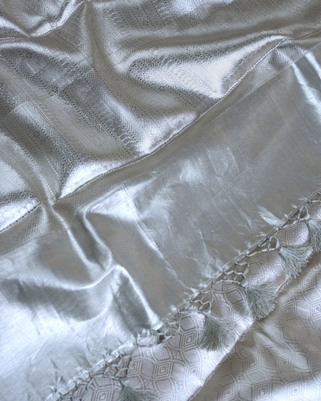 Liquid Gold - Arctic Silver Color Handwoven Pure Mulberry Brocade Silk Saree
