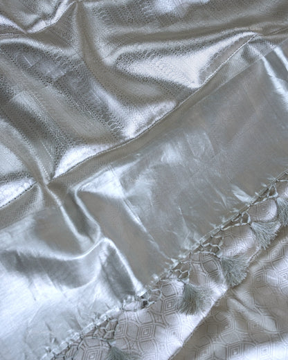Liquid Gold - Arctic Silver Color Handwoven Pure Mulberry Brocade Silk Saree