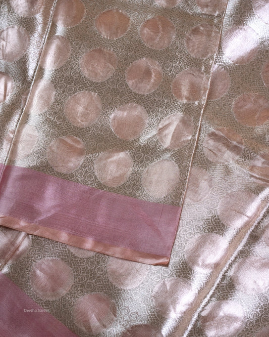 Liquid Gold - Spanish Peach Handwoven Pure Mulberry Brocade Silk Saree with Circle Pattern