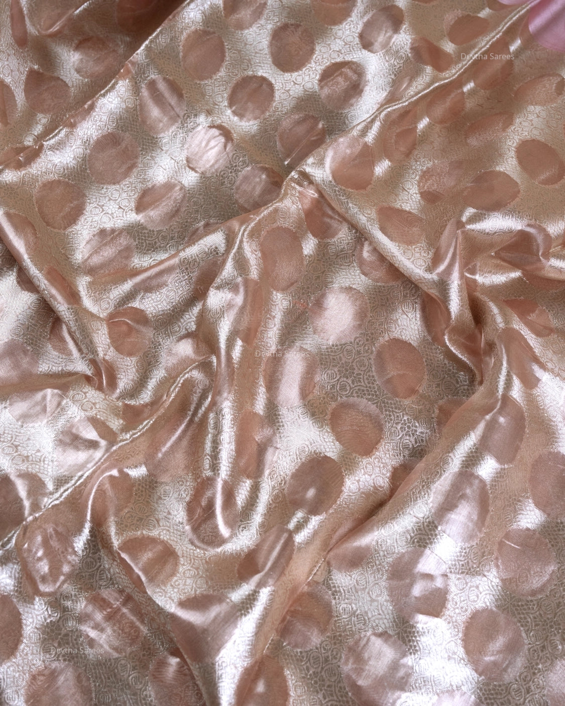 Liquid Gold - Spanish Peach Handwoven Pure Mulberry Brocade Silk Saree with Circle Pattern
