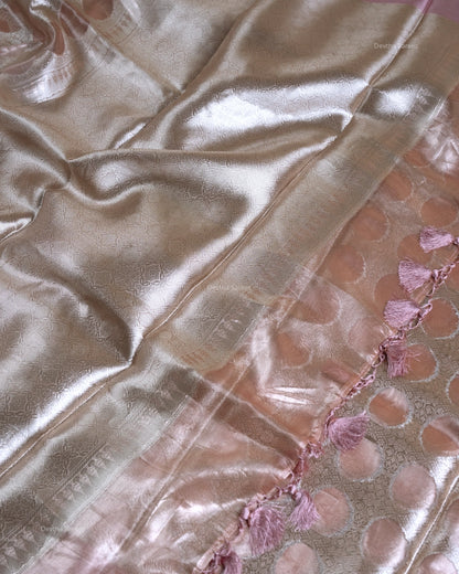 Liquid Gold - Spanish Peach Handwoven Pure Mulberry Brocade Silk Saree with Circle Pattern
