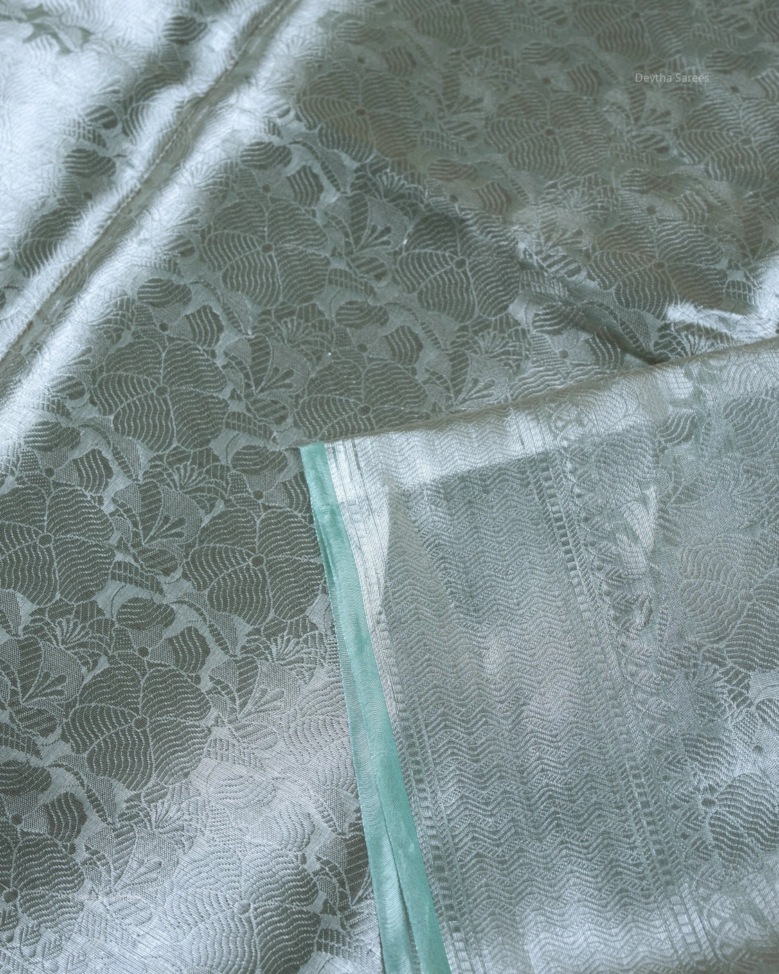 Liquid Silver - Sage Green Handwoven Pure Mulberry Brocade Silk Saree